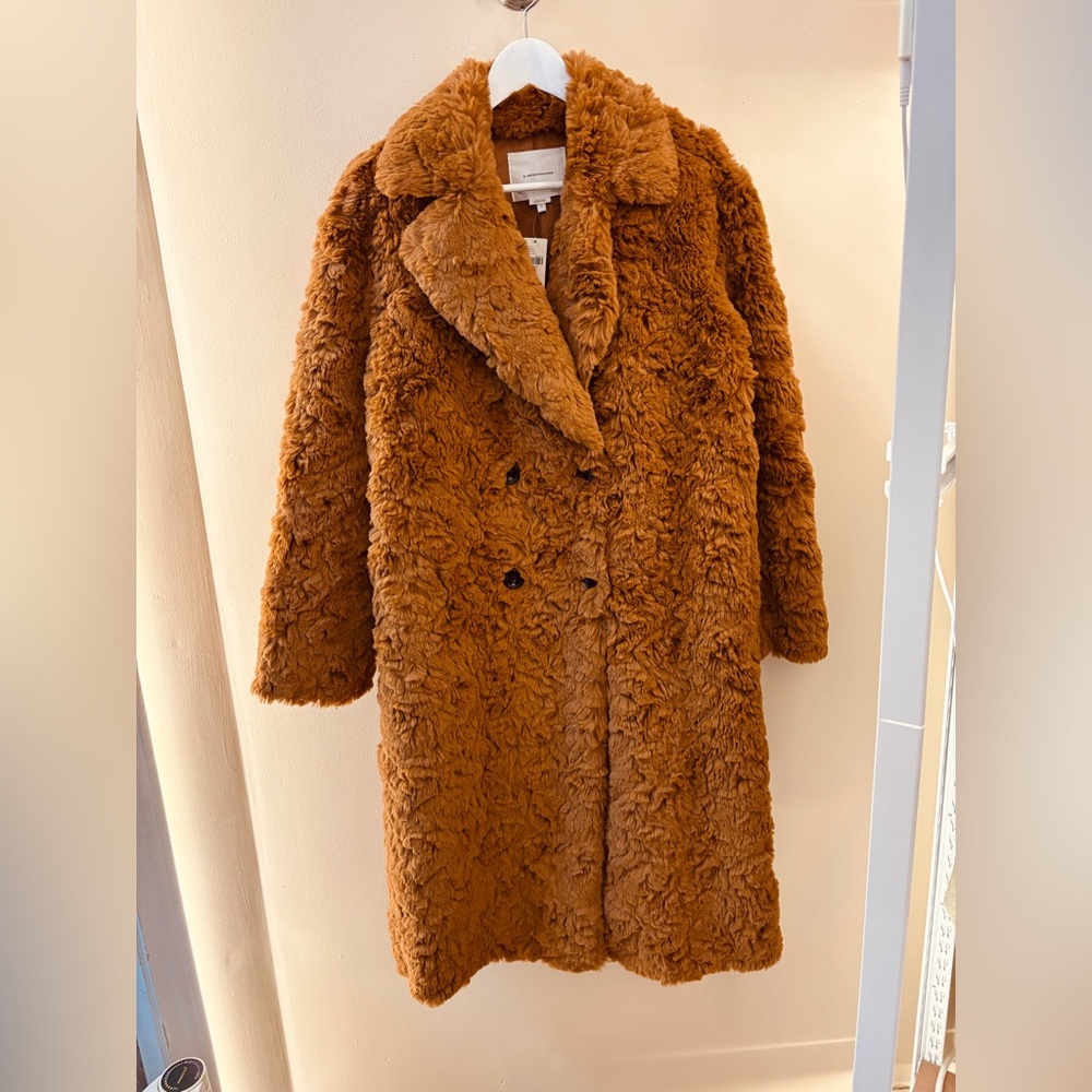 NEW Anthropologie Brown Faux Fur Long Double Breasted Preppy Button Coat S 6 - Picture 2 of 11